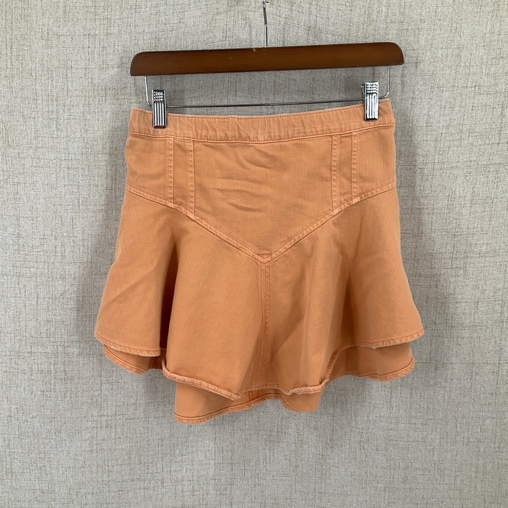 Aerie‎ Skirt Women Small Orange Cotton Denim Ruffle Mini High Waist Boho Western